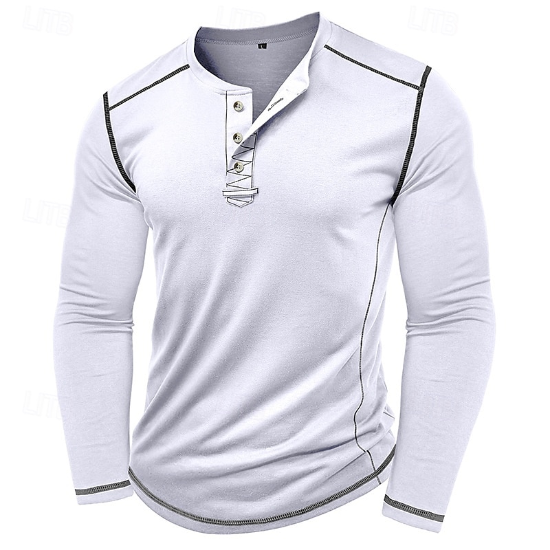 Men's T Shirt Henley Shirt Henley Top Long Sleeve Solid Color Vintage Casual Contrast Stitching Henley Outdoor Causal Casual Spring Fall Spring &  Fall Black White Gray Henley T-Shirt 2025 - $22.99 –P14