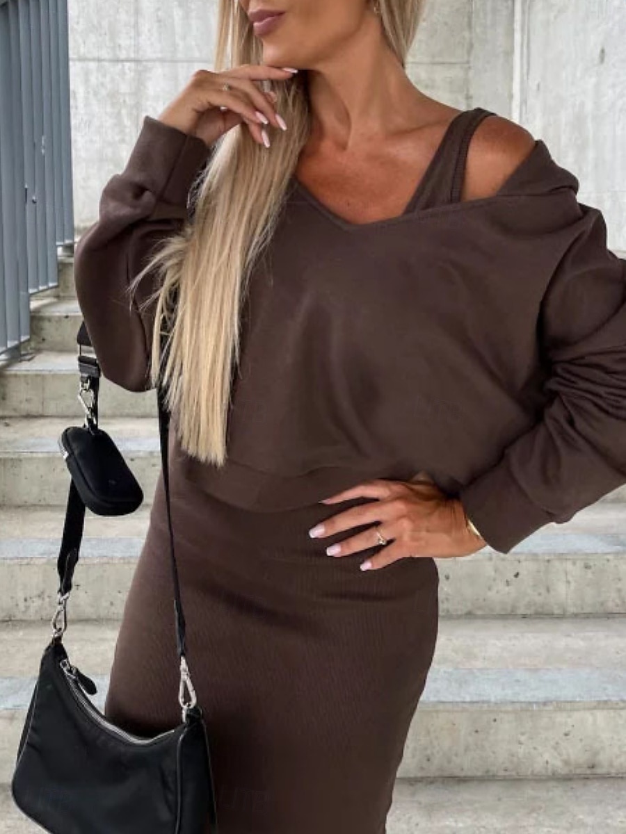 Femmes Robe Ensemble Robe fourreau Occasionnel Uni Froncé Robe Midi manche longue À capuche Extérieur Quotidien Noir Chameau Café Été Printemps Coupe régulière de 2025 ? $32.99 –P10