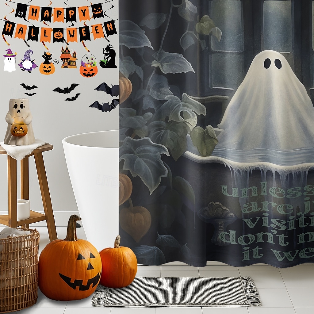 Halloweenský sprchový závěs s háčky, polyesterový, pratelný, voděodolný, vzorovaný, koupelnová vana, dekorace 2025 - $21.99 –P18