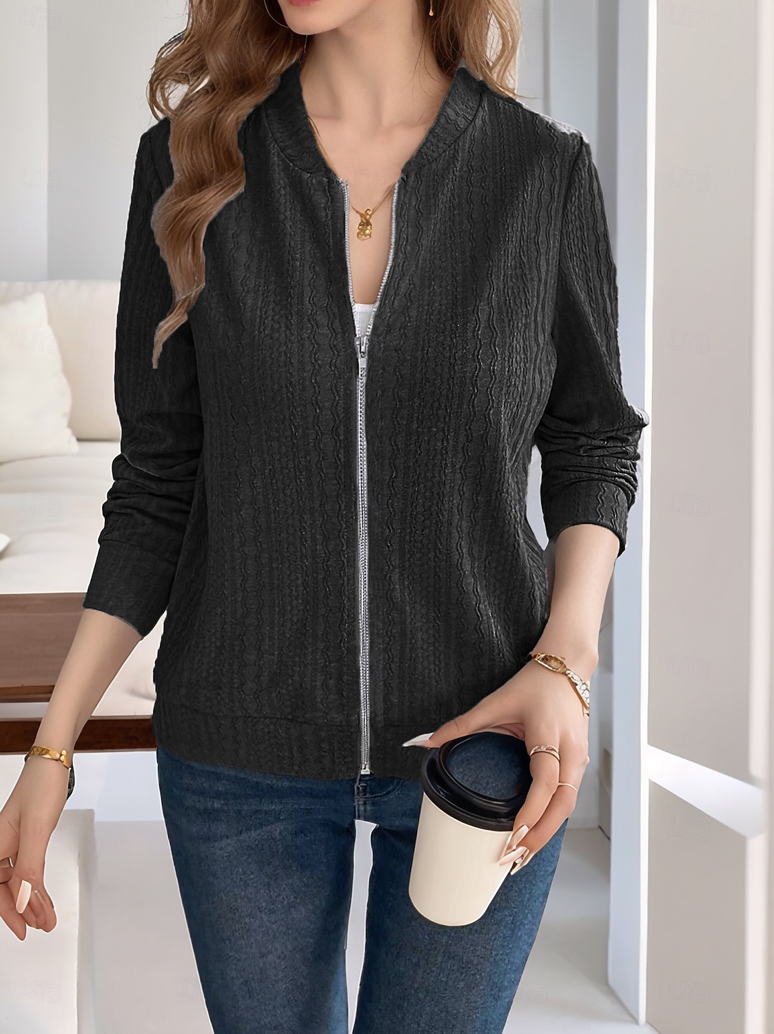 Women's Casual Jacket Comfortable Breathable Full Zip Daily Casual Plain Casual Daily Regular Stand Collar Regular Fit Long Sleeve Outerwear Black Gray Spring Fall 2025 - $21.99 –P3