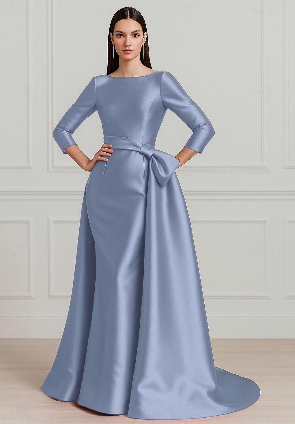 rot-schwarzes A-Linien-Abendkleid, elegantes Kleid, formelle Hochzeit, bodenlang, 3/4-Ärmel, Rundhalsausschnitt, Stretch-Satin mit Falten, 2025 2025 - $139.99 –P5