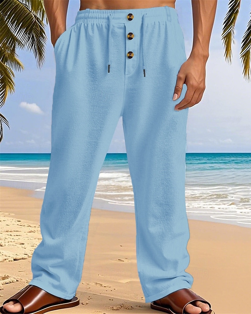 Men's Linen Pants Trousers Summer Pants Beach Pants Pocket Elastic Waist Drawstring Plain Comfort Breathable Vacation Daily Holiday Hawaiian Boho Dark Khaki Black 2025 - $18.99 –P10