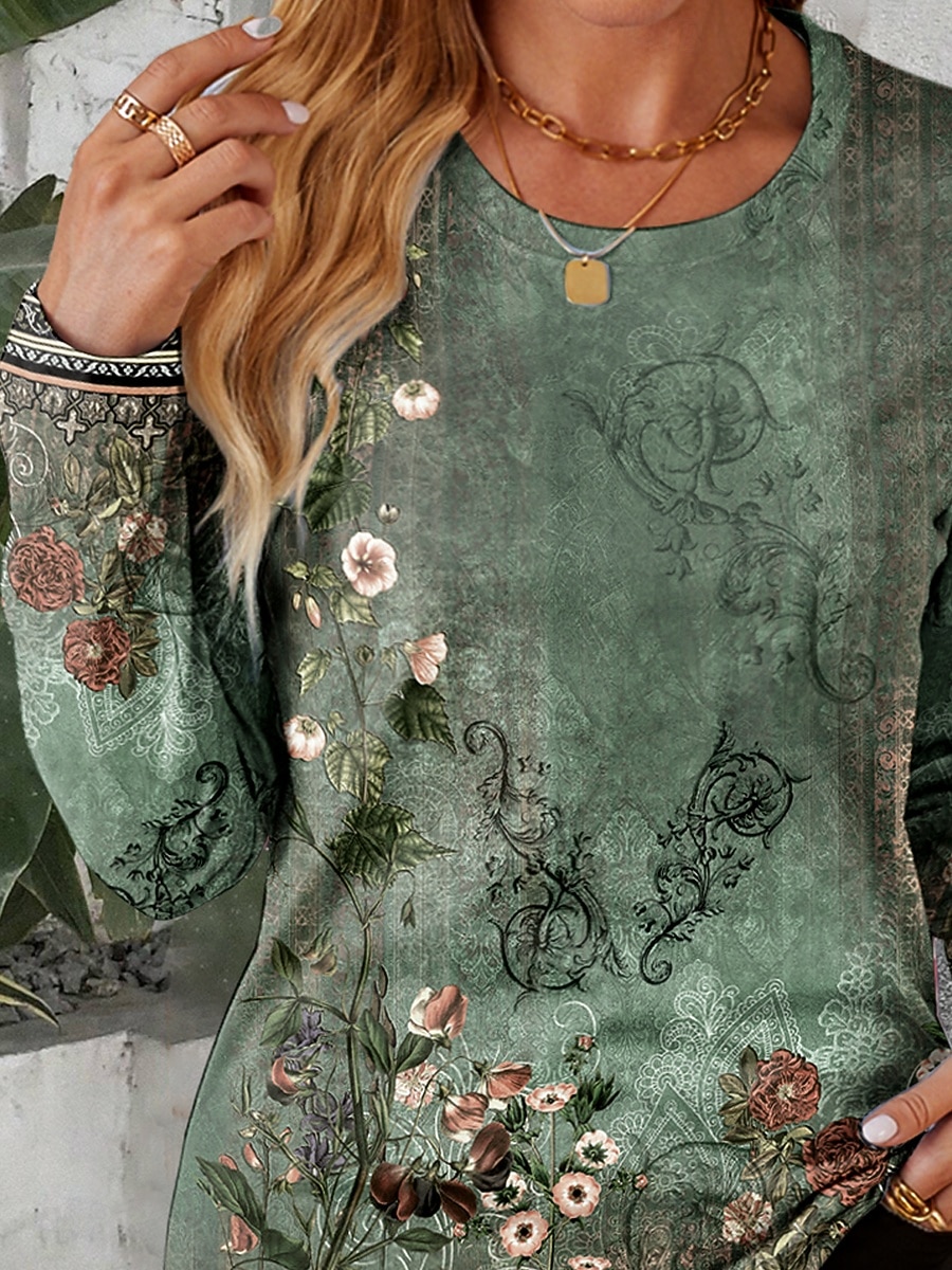 Women's T shirt Long Sleeve Crew Neck Long Sleeve Tunic Ombre Floral Graphic Vintage Stylish Classic Round Neck Regular Tops Daily Print Sage Green Fall Prefall 2026 - $24.99 –P2