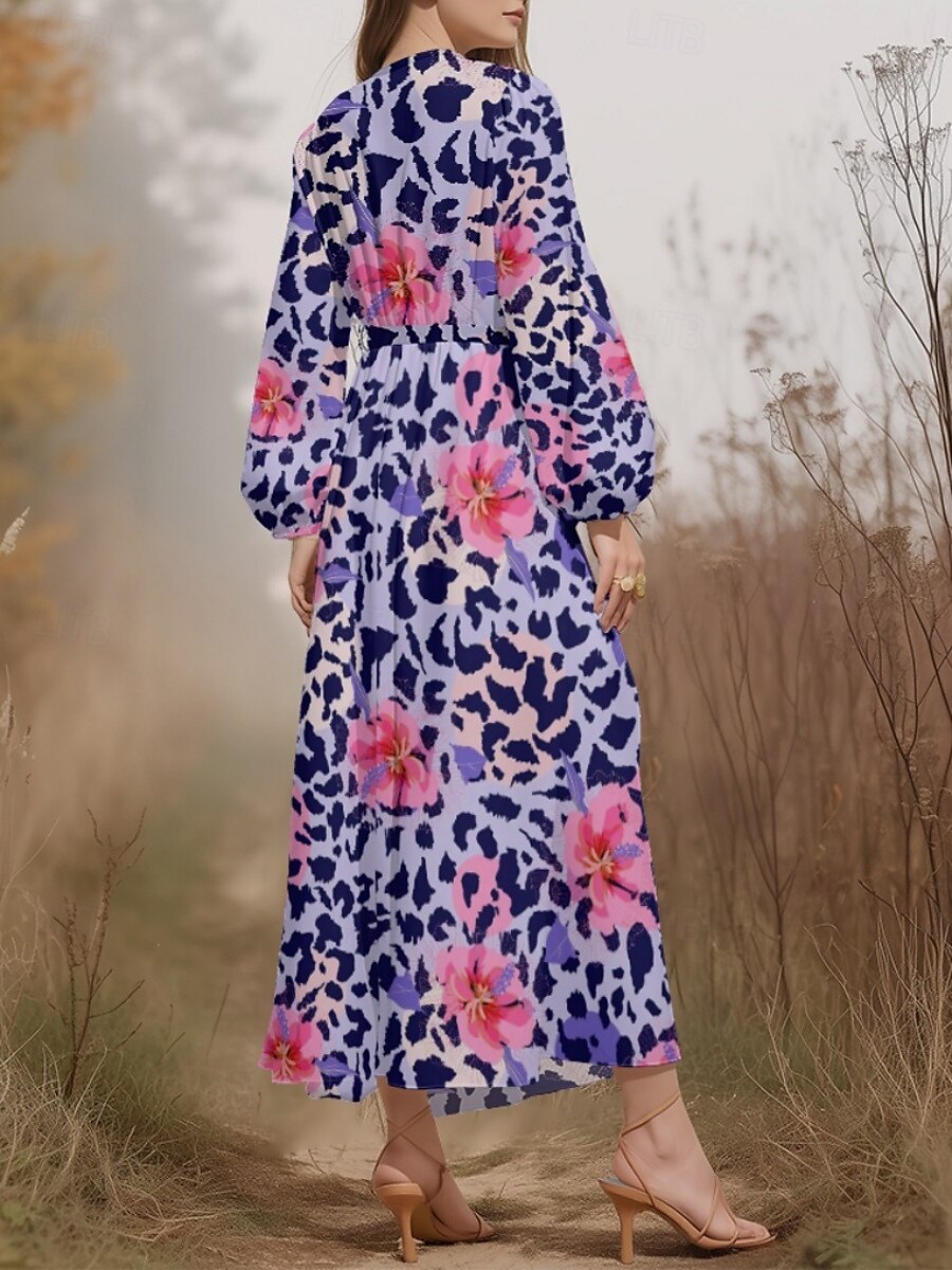 Damen Midikleid Freizeitkleid Chiffon Schwingkleid Modern Urlaub Täglich Wochenende Normale Passform Blumen Leopard Langarm V Ausschnitt Purpur Dunkelviolett Grau Sommer Frühling Herbst 2025 - $31.99 –P6