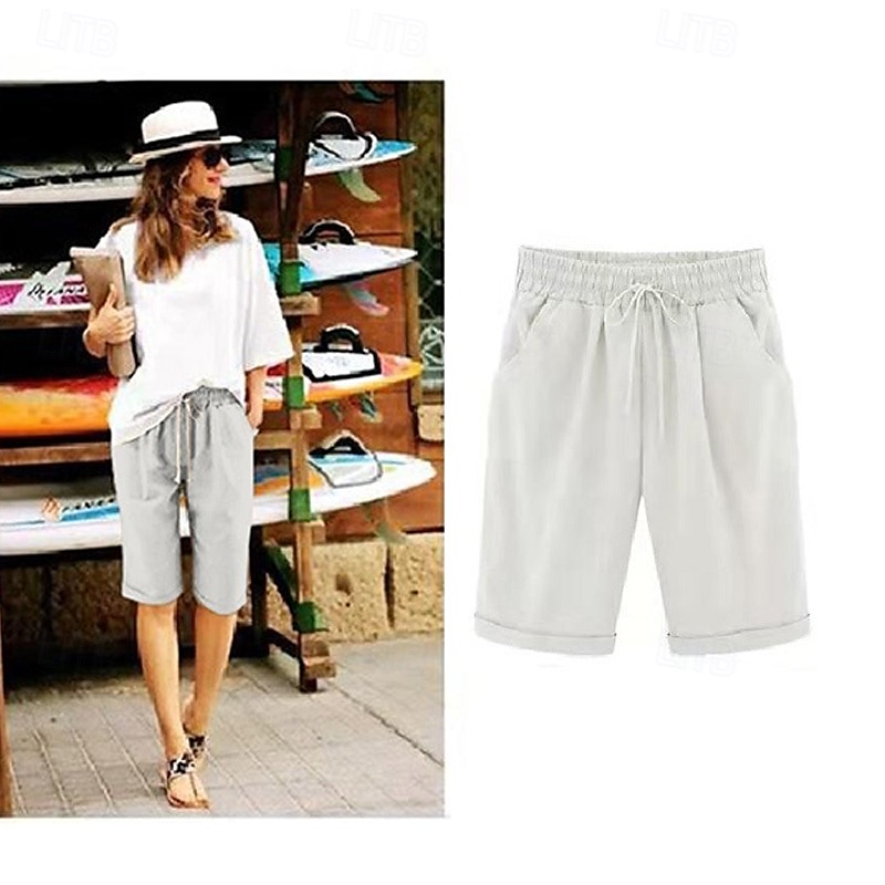 loungeshorts för kvinnor i ren färg elastisk midja med dragsko enkel avslappnad komfort hem daglig semester ventilerande ficka fempunktsbyxor 2025 - $17.99 –P4