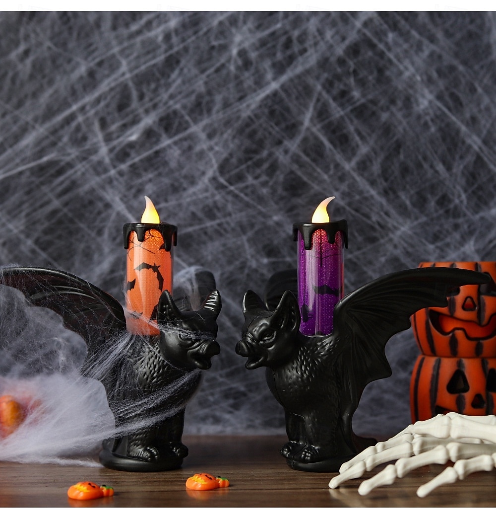 1 stk halloween flaggermus glødende led elektronisk stearinlys simulering stearinlysholder dekorasjonslys innendørs og utendørs feststemning dekorasjonslys lilla oransje 2025 - $6.49 –P2