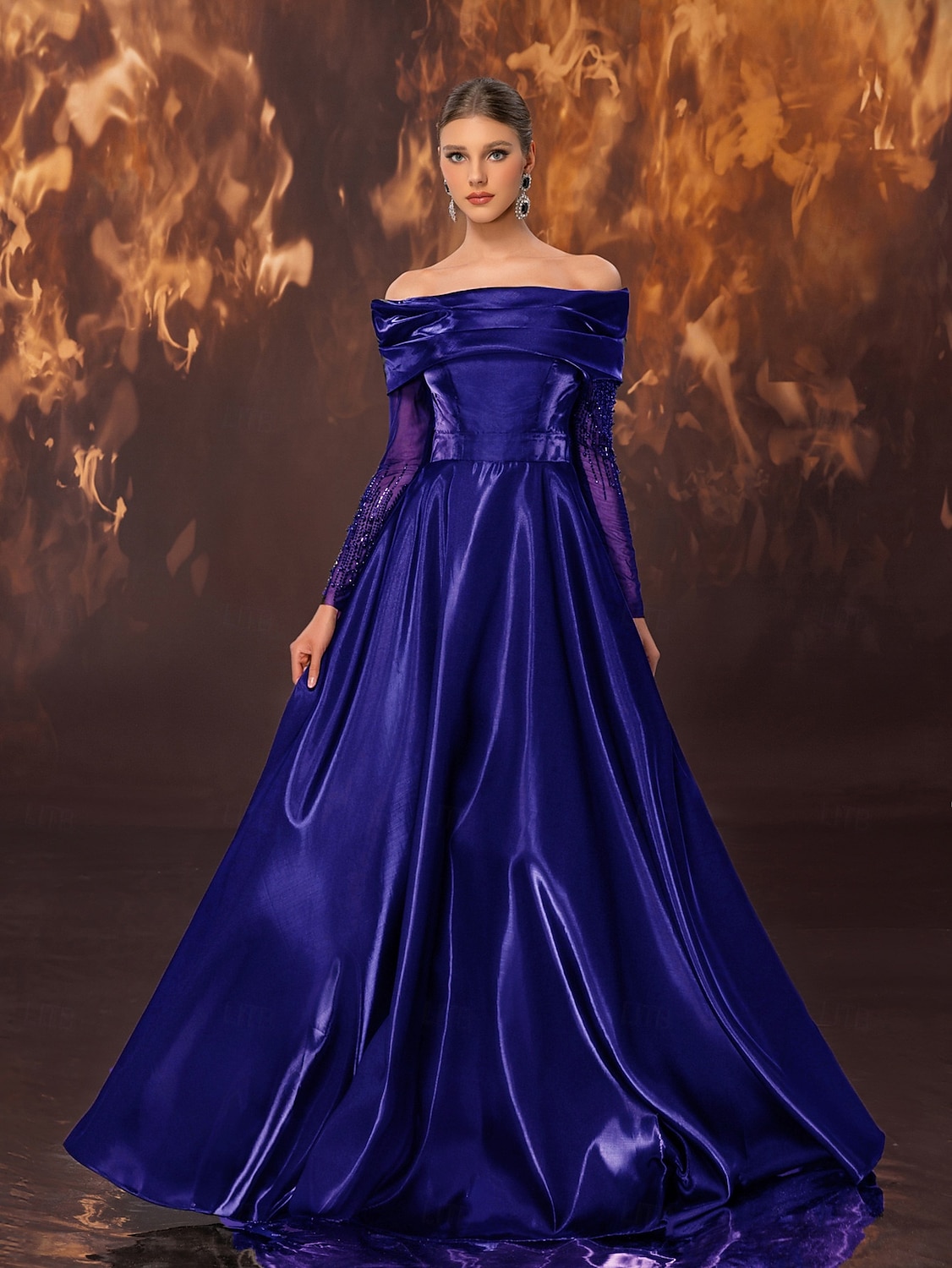 Rochie neagră de seară, linie A, elegantă, rochie formală de mireasă, lungime la podea, fără mâneci, umerii goi, satin elastic cu pliuri, dantelă și mărgele, 2025 2025 - $149.99 –P6
