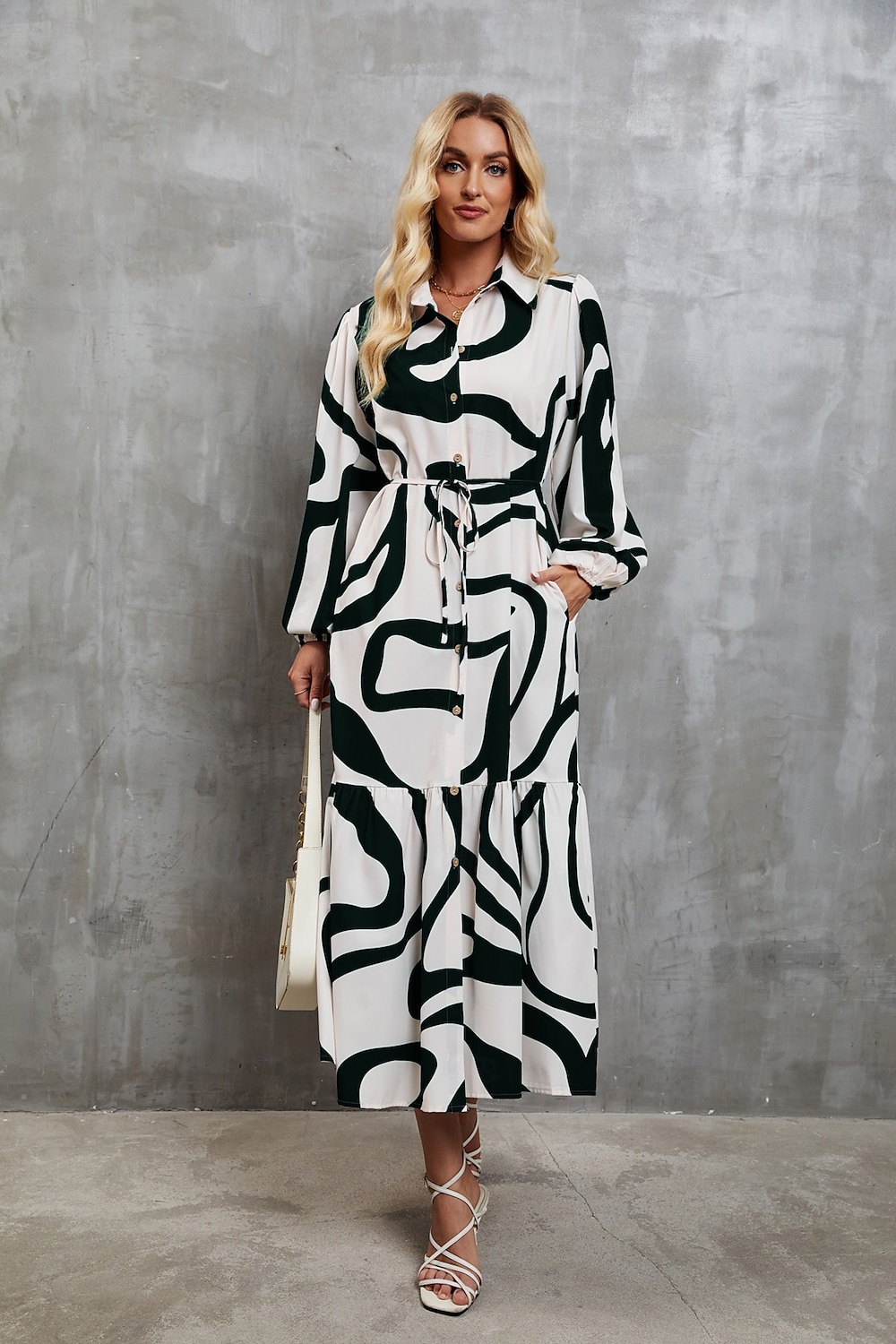 Dames Maxi-jurk A lijn jurk Vakantie Feest Casual Feest Dagelijks Afspraakje Normale pasvorm Abstract Lijn Lange mouw Overhemdkraag Zwart-wit print Groene en witte print Zomer Lente Herfst 2025 - $32.99 –P1