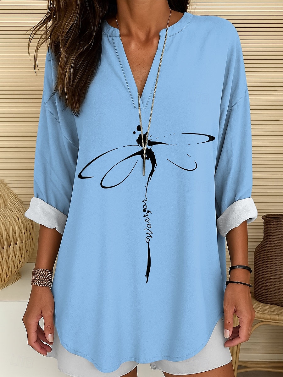 Femmes Chemisier Graphique Animal Libellule ancien Tropical Hawaïen manche longue Col en V Hauts Réguliers Quotidien Fête Tenue de plage Imprimé Blanche Bleu Violet Vert Été Printemps de 2025 ? $24.99 –P3