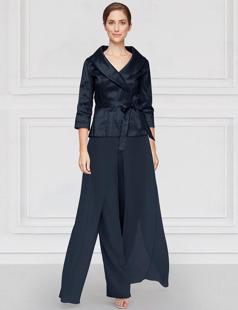 Two Piece Pantsuit Mother of the Bride Wedding Guest Elegant Simple Tailored Lapel Floor Length Chiffon Stretch Satin Long Sleeve with Sash / Ribbon Solid Color 2025 2025 - $132.99 –P4