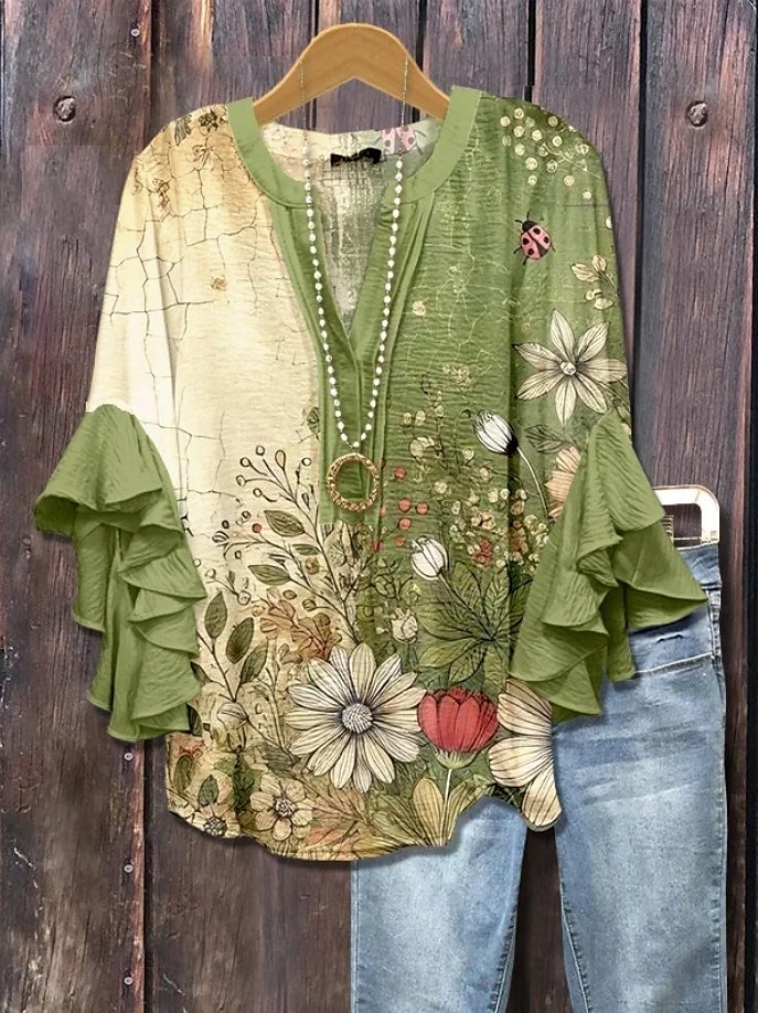 Femmes Chemisier Fleuri Graphique Élégant Bohème Ethnique Manche 3/4 Col en V Hauts Réguliers Quotidien Fête Vêtements de vacances A Volants Imprimé Blanche Bleu Violet Marron Vert Été Printemps de 2025 ? $29.99 –P1