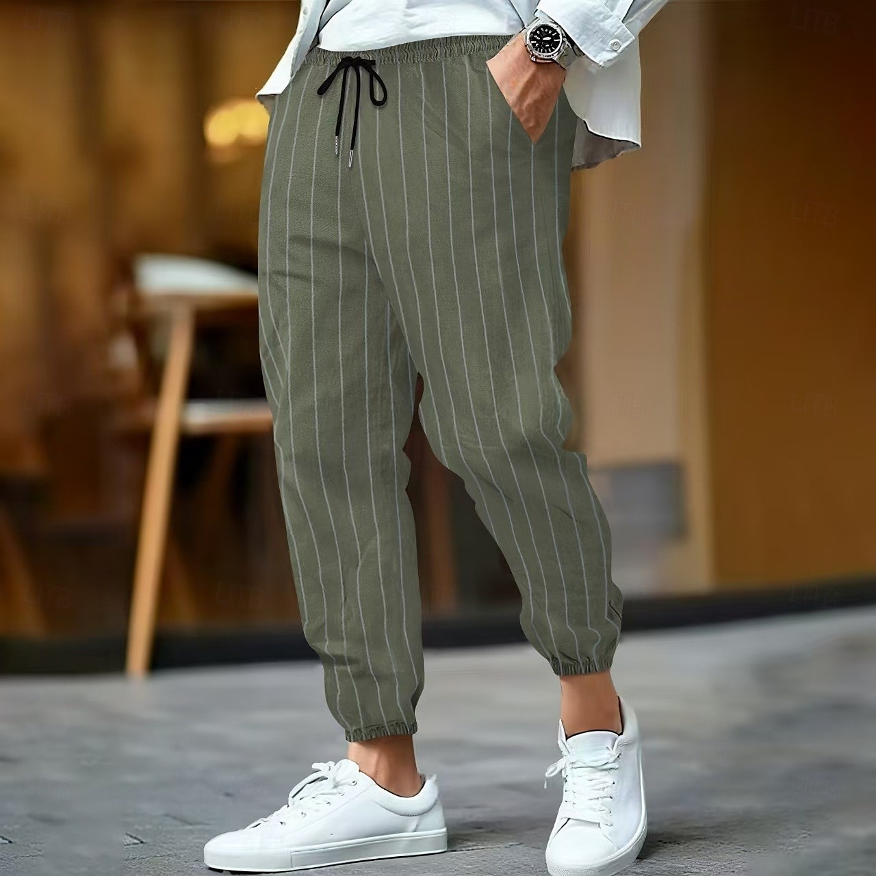 Homens Calças de linho Calças Calça verão Bolsos Cintura elástica Com Cordão Listrado Conforto Respirável Comprimento total Ao ar livre O negócio Diário Férias Negócio Preto Branco de 2025 por $23.99 –P9