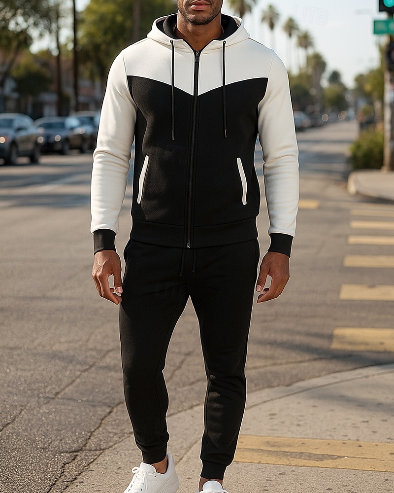 Муж. Спортивный костюм Штаны Куртка с капюшоном Капюшон Карман на молнии Контрастных цветов Наборы одежды Наступила зима Белый Военно-зеленный Тренажерный зал Тренировки Бег С защитой от ветра 2026 - $38.99 –P3