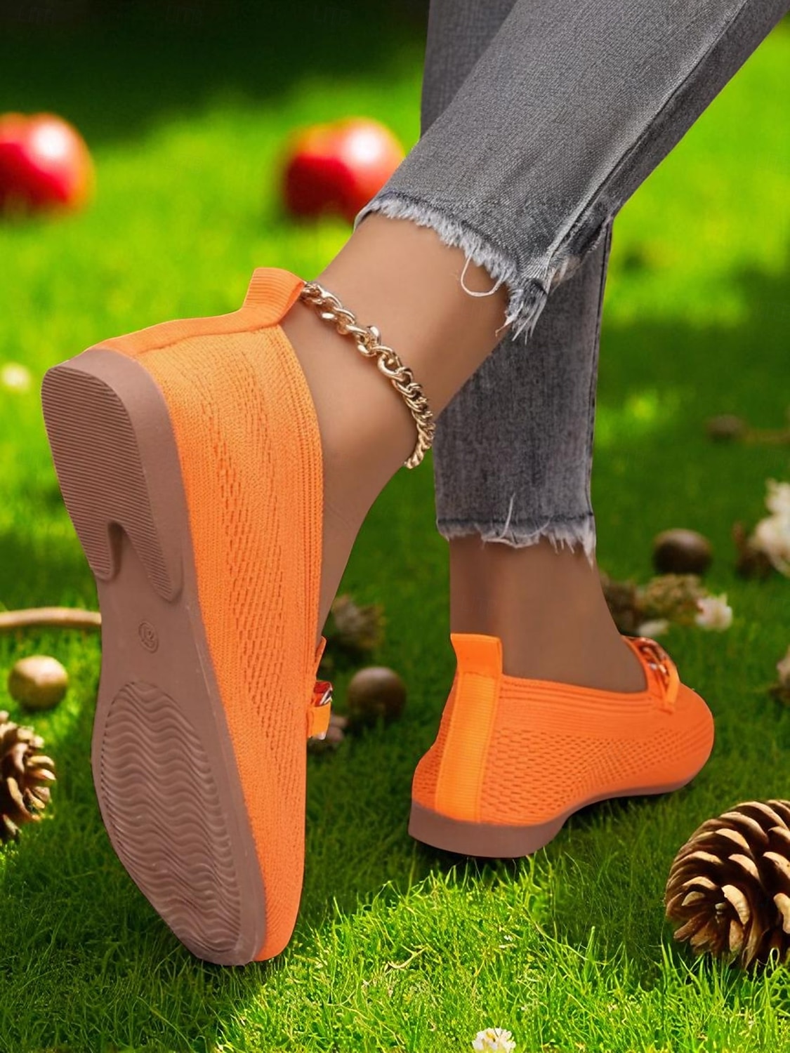 Mocassins Flyknit orange à bout large pour femme – chaussures plates décontractées, confortables et respirantes avec chaîne en métal, idéales pour le shopping, le travail et les promenades dans le jardin de 2025 ? $19.99 –P6