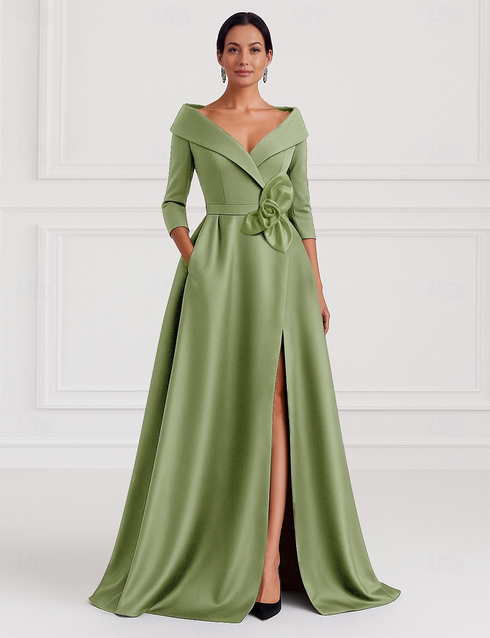 Abito da sera A-Line nero e oro abito elegante invitato al matrimonio lunghezza campagna maniche 3/4 colletto camicia tasca satin elasticizzato con fiore sulla spalla del 2025 a $139.99 –P4