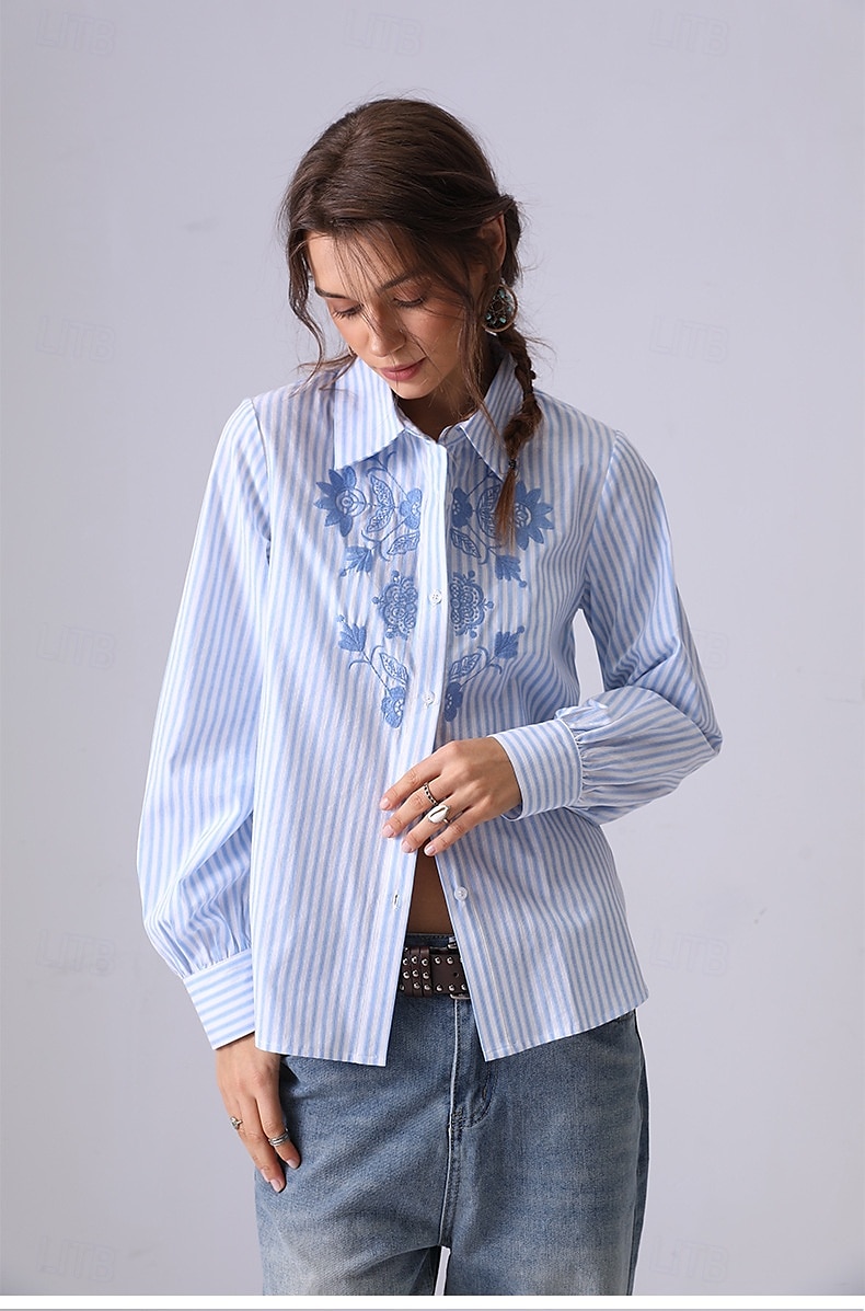 Femmes Chemise Fleuri Rayé Élégant Bohème ancien manche longue Col de chemise Hauts Réguliers Travail Quotidien Fête Broderie 1# Original bleu clair-BLEU Printemps, Automne, Hiver, Été de 2025 ? $41.99 –P1