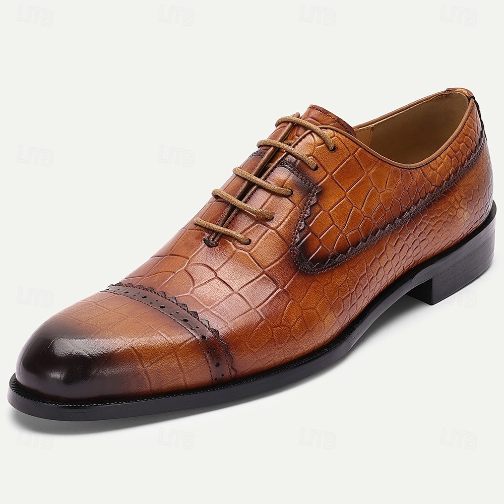 Sapatos oxford masculinos de couro de crocodilo marrom com relevo – sapatos sociais clássicos para homens de negócios e convidados de casamento de 2025 por $94.99 –P2