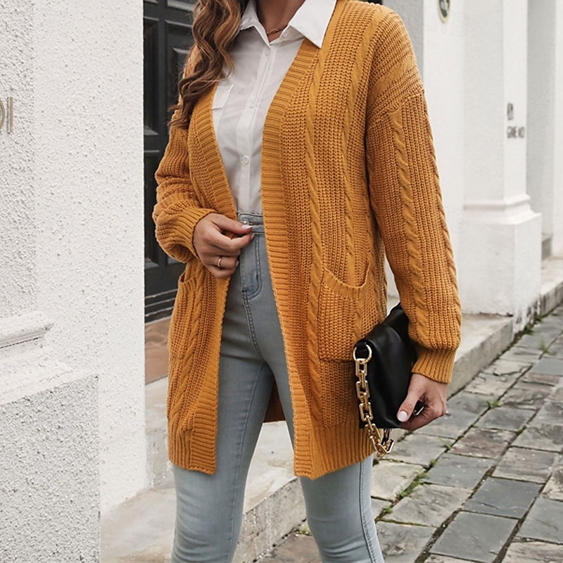 Femmes Cardigan Occasionnel Couleur Unie Épais Col en V Tricoté manche longue Hauts Réguliers Tricoter Quotidien Fête Sortir Jaune Vert Véronèse Automne Hiver de 2025 ? $26.99 –P3