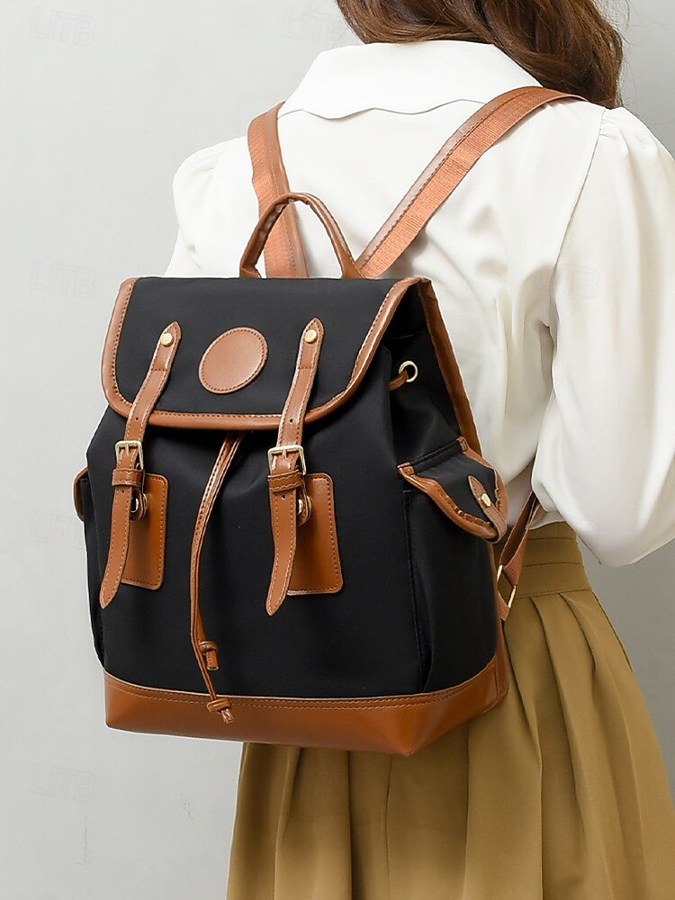 Women's Vintage Faux Leather Trim Backpack - Waterproof Canvas Preppy School Bag with Drawstring Closure for Teenage Girls, Students and Daily Use 2025 - $32.99 –P2