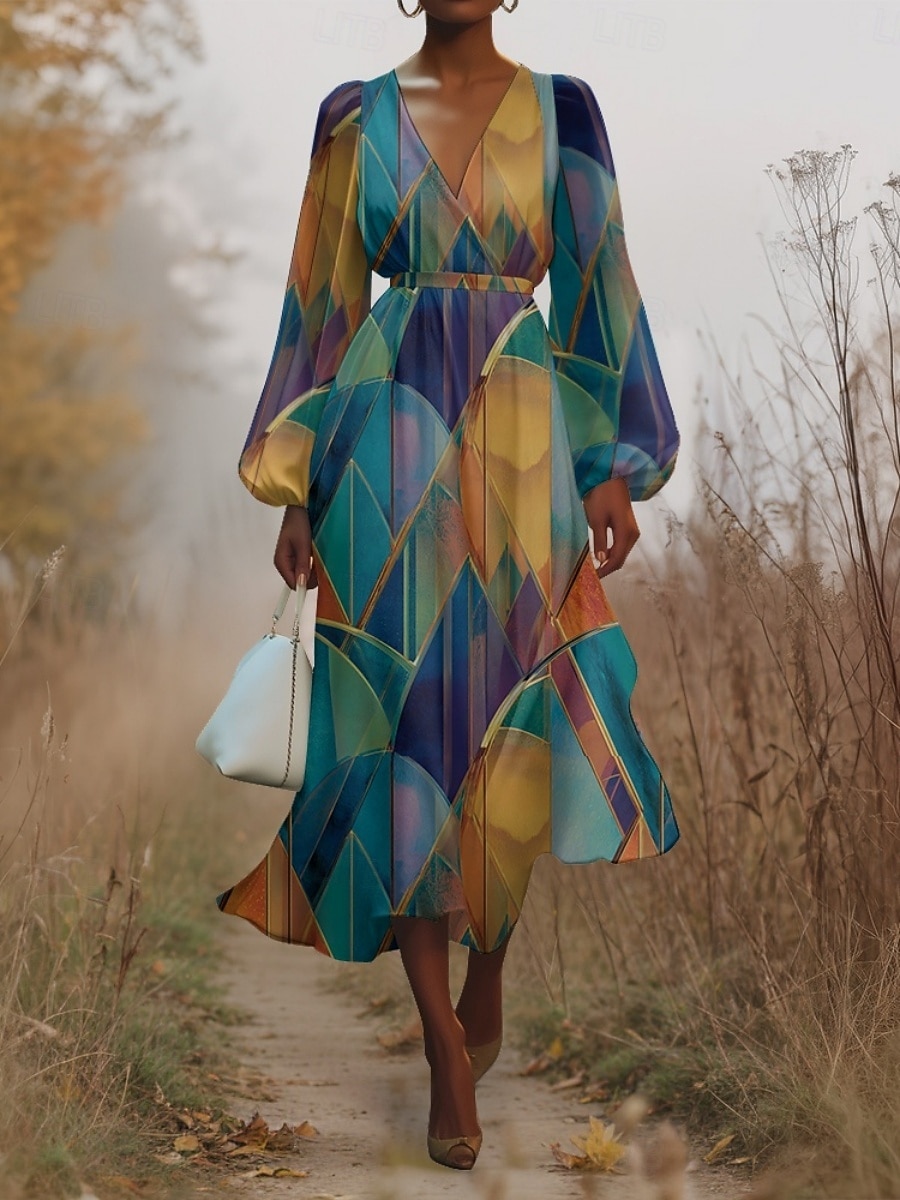 Damen Midikleid Freizeitkleid Chiffon Schwingkleid Modern Urlaub Täglich Wochenende Normale Passform Geometrisch Langarm V Ausschnitt Blau Dunkelgrün Purpur Grün Sommer Frühling Herbst 2025 - $31.99 –P7