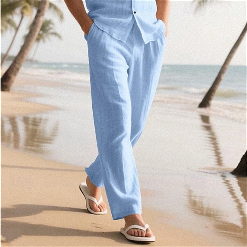 Men's Linen Pants Trousers Summer Pants Baggy Pants Beach Pants Drawstring Elastic Waist Straight Leg Plain Comfort Breathable Full Length Casual Daily Outdoor Vacation Classic Style Khaki Inelastic 2026 - $21.99 –P11