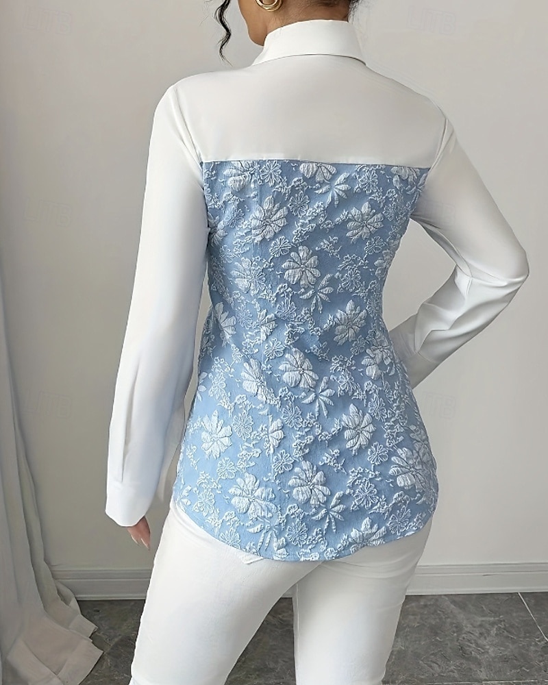 Per donna Camicia Blusa Fiore Elegante Moderno Manica Lunga Colletto a Camicia Top Regolari Ferie Uscire Patchwork Stampato Azzurro cielo Autunno del 2025 a $25.99 –P3