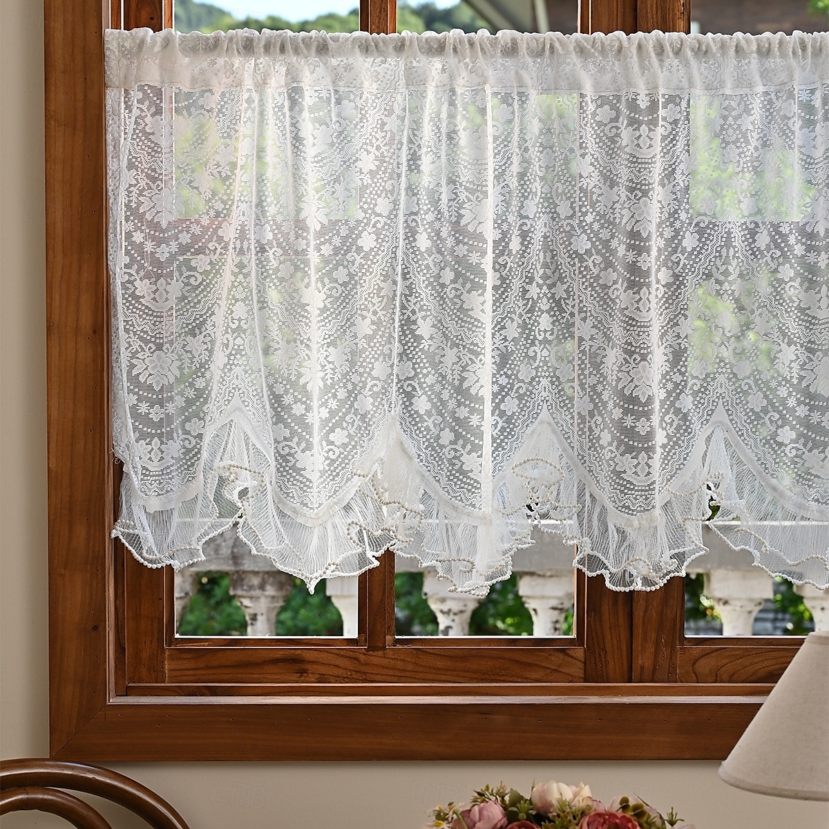 Lace Ruffled Kitchen Short Curtain Valance Vintage Floral Embroidered Short Sheer Cafe Curtain for Kitchen Window Rod Pocket Scalloped Bottom Beaded Sheer Valance1 Panel 2026 - $10.99 –P6
