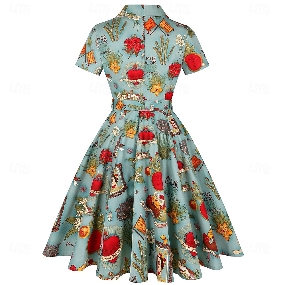 retro vintage 1950-es évek vakációs ruha flare ruha női jelmez vintage cosplay alkalmi mindennapi rövid ujjú ruha maskara 2025 - $53.99 –P6