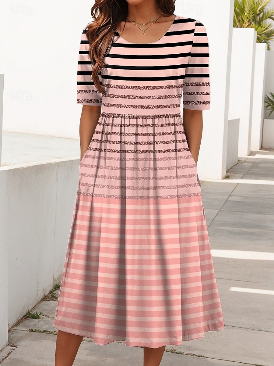 Damen Midikleid Sommerkleid Faltenkleid Urlaub Lässig Ferien Normale Passform Grafik Geometrisch Gestreift Halbarm Rundhalsausschnitt Rosa Blau Purpur Sommer Frühling 2025 - $31.99 –P1