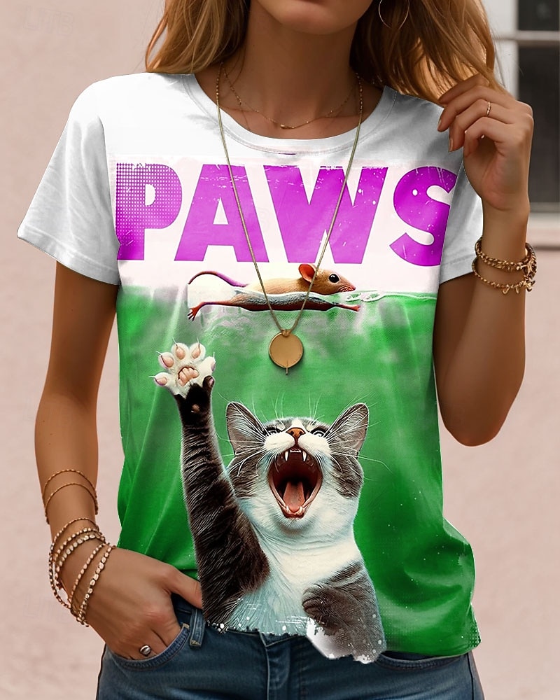 Women's T Shirt Graphic Cat Letter Vintage Stylish Classic Short Sleeve Crew Neck Regular Tops Daily Weekend Print Blue Purple Green Khaki Summer Spring 2025 - $19.99 –P4