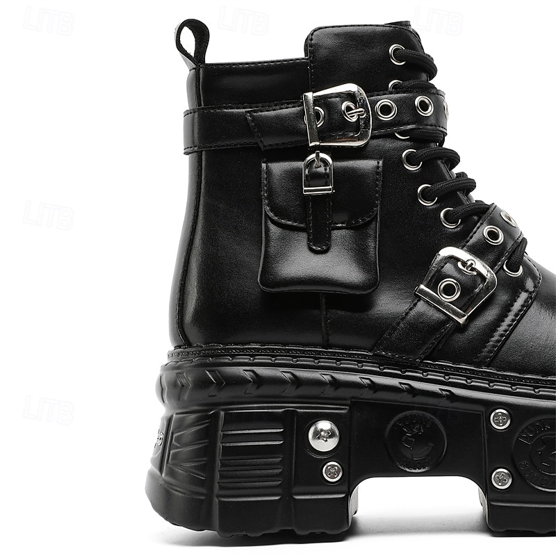 stivali da combattimento con fibbia a rivetto nera da uomo – stivaletti allacciati con plateau gotico per concerti, stile motociclista ed eventi punk del 2026 a $99.99 –P6