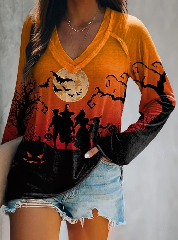 Halloween Femmes T-shirt Graphique Halloween Sorcière Élégant ancien Classique manche longue Col en V Hauts Réguliers Quotidien Sortir Week-end Imprimé Noir et gris Vert cendré Blanche Bleu Orange de 2025 ? $22.99 –P4