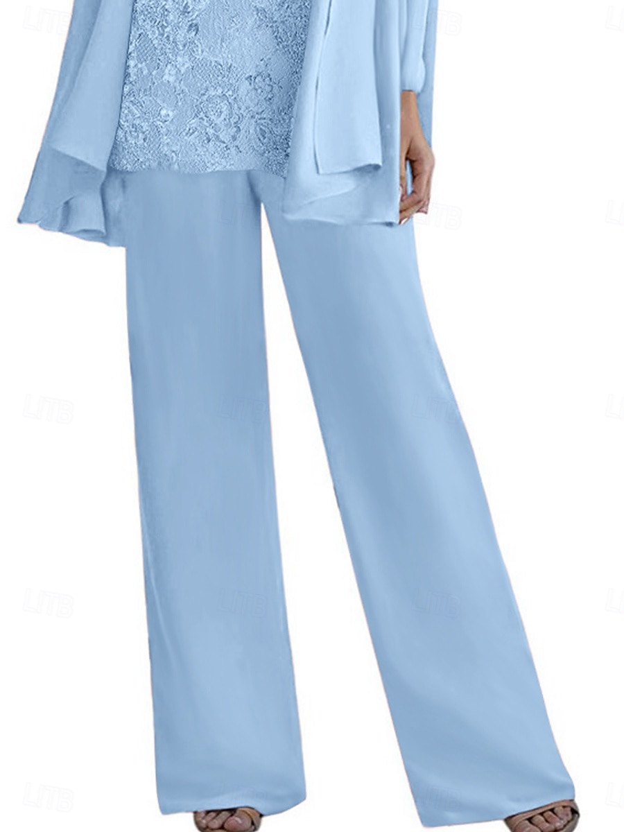 Tailleur-pantalon trois pièces robe mère de la mariée élégante col rond longueur sol polyester manches longues avec perles de 2025 ? $99.99 –P3
