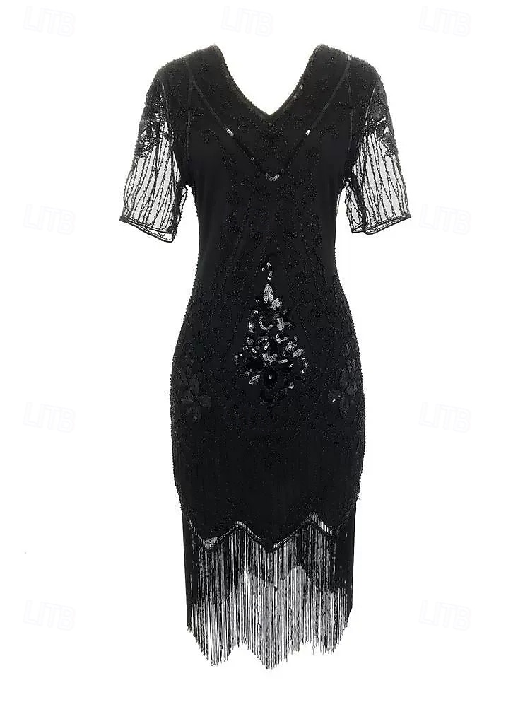 Anni Ruggenti Anni 1920 Lunghezza al ginocchio Vestito Abito Flapper Abito da Ballo Maniche corte Il grande Gatsby Charleston Invitato al matrimonio Paillettes Frangia con nappe Scollo a V Costume del 2026 a $34.99 –P8