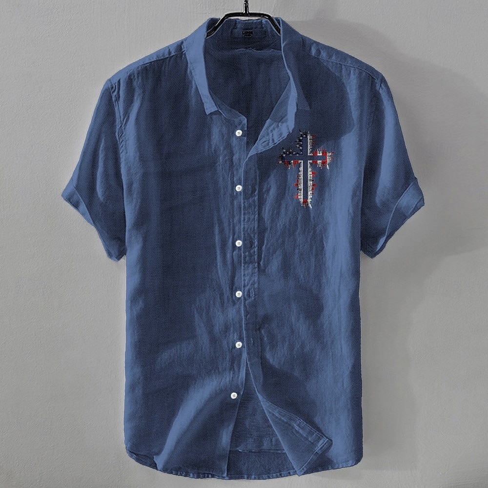 Herren Leinenhemd Freizeithemd Baumwoll-Leinen-Hemd Knopfhemd Muster Urlaub Straße Weiß Dunkelmarine Himmelblau Khaki Kurzarm Revers Sommer Bekleidung Schnalle 2025 - $17.99 –P6