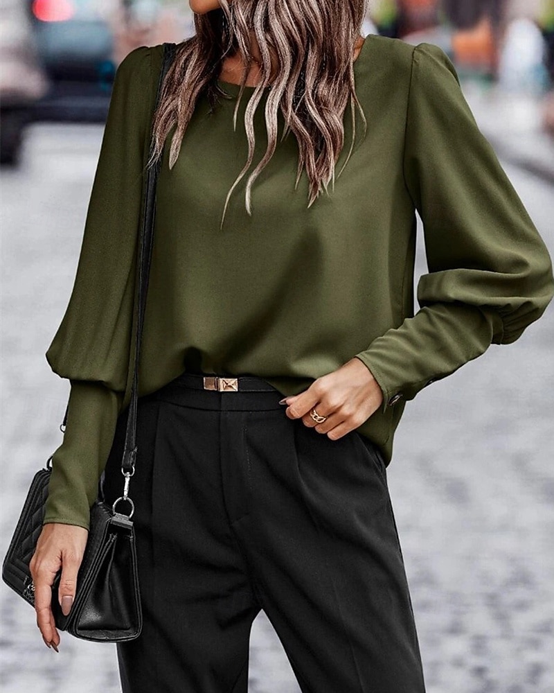 Damen Hemd Einfach Täglich Stilvoll Basic Langarm Rundhalsausschnitt Normale Oberteile Arbeit Täglich Ferien Knöpfe Schwarz Armeegrün Braun Frühling Herbst 2025 - $23.99 –P6