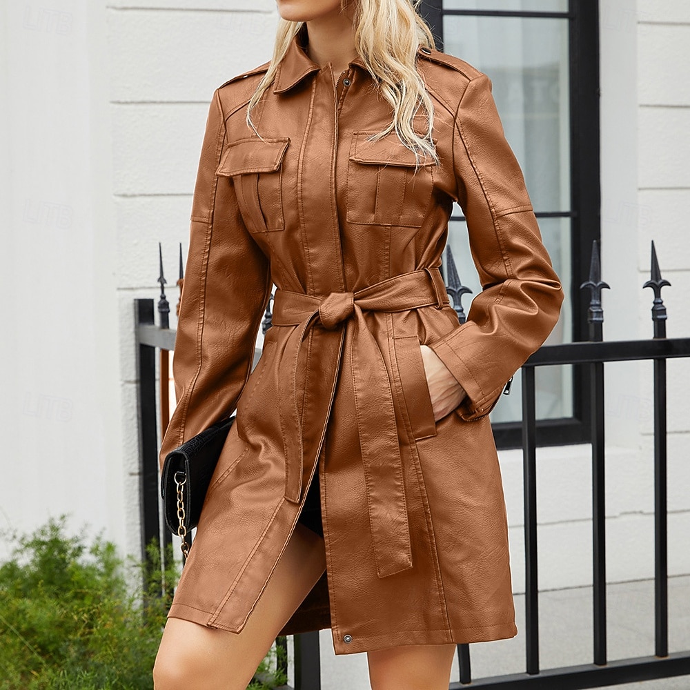 Women's Coat Windproof Comfortable Pocket Full Zip Fashion Street Style Plain Outdoor Casual Daily Long Turndown Regular Fit Long Sleeve Outerwear Black Burgundy Camel Fall Winter 2025 - $58.8 –P16
