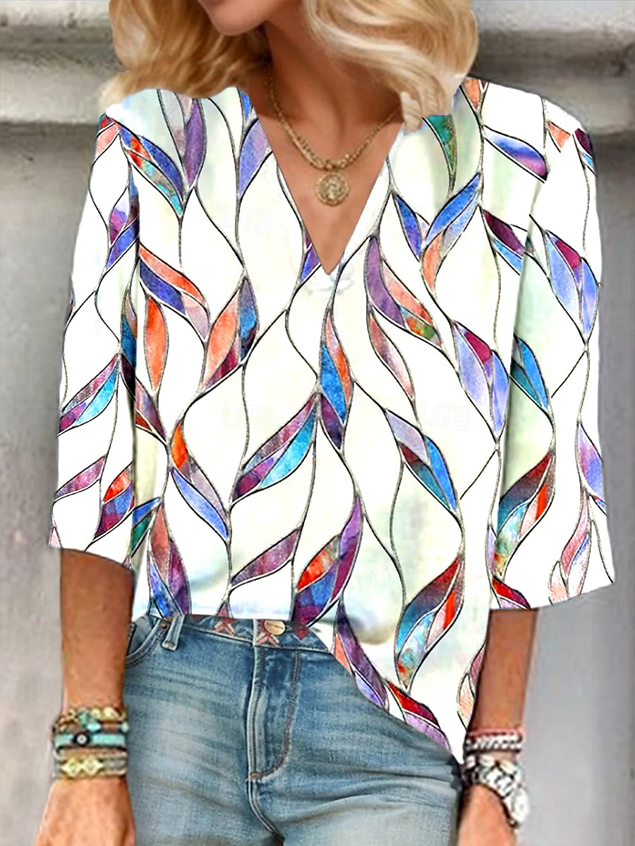 Dame Bluse Grafisk Planter Elegant Stilfull Fritid 3/4 ermer V-hals Vanlige topper Daglig Ut på byen Trykt mønster Lysegrønn Lilla Rose Rosa Sommer Vår Høst 2025 - $25.99 –P4