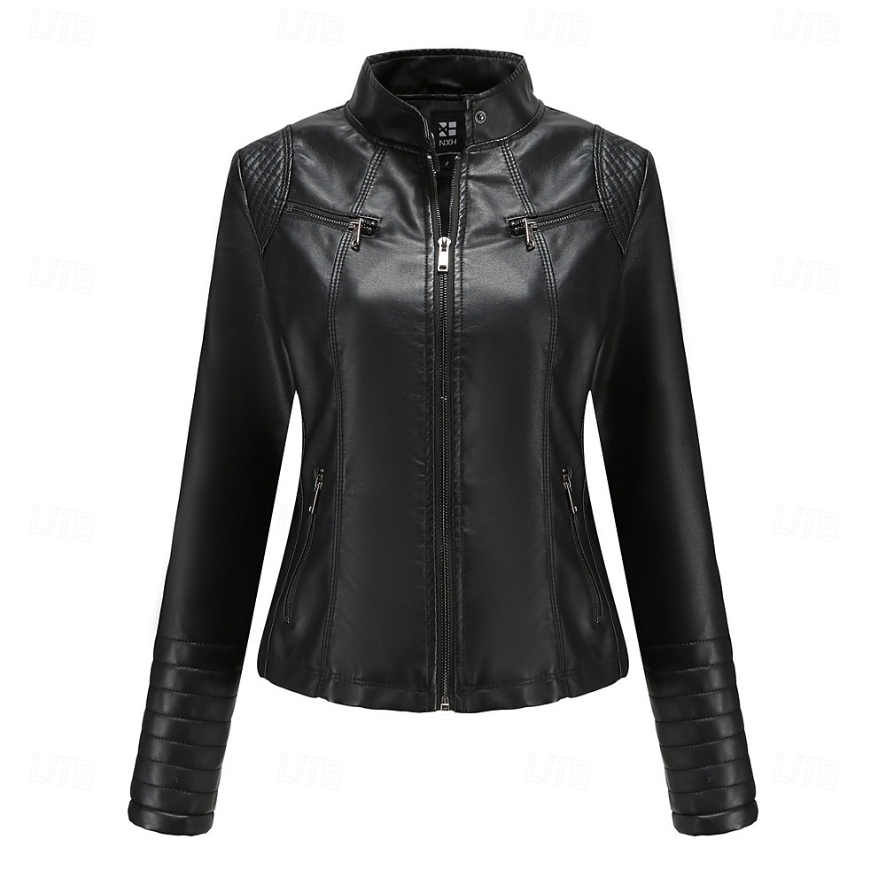 Dames Jas van imitatieleer Comfortabel Zak Volledige ritssluiting Modieus Street Style Effen Buiten Casual / Dagelijks Normaal Opstaand Normale pasvorm Lange mouw bovenkleding Zwart Rood Kameel Lente 2025 - $41.99 –P12