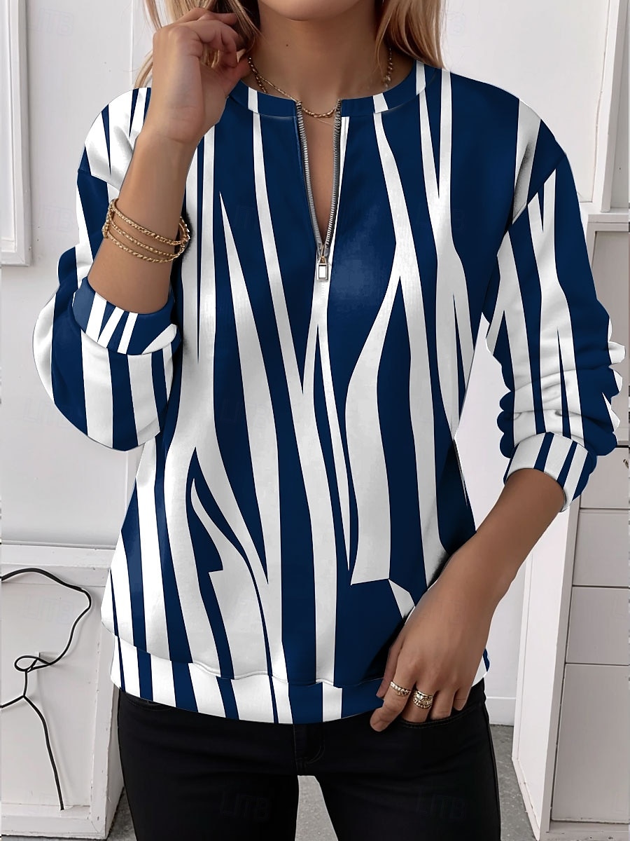 Pull à fermeture éclair quart pour femmes graphique rayé décontracté à manches longues col rond tops réguliers vêtements de rue port quotidien impression à moitié bleu violet marron vert automne hiver de 2025 ? $27.99 –P1