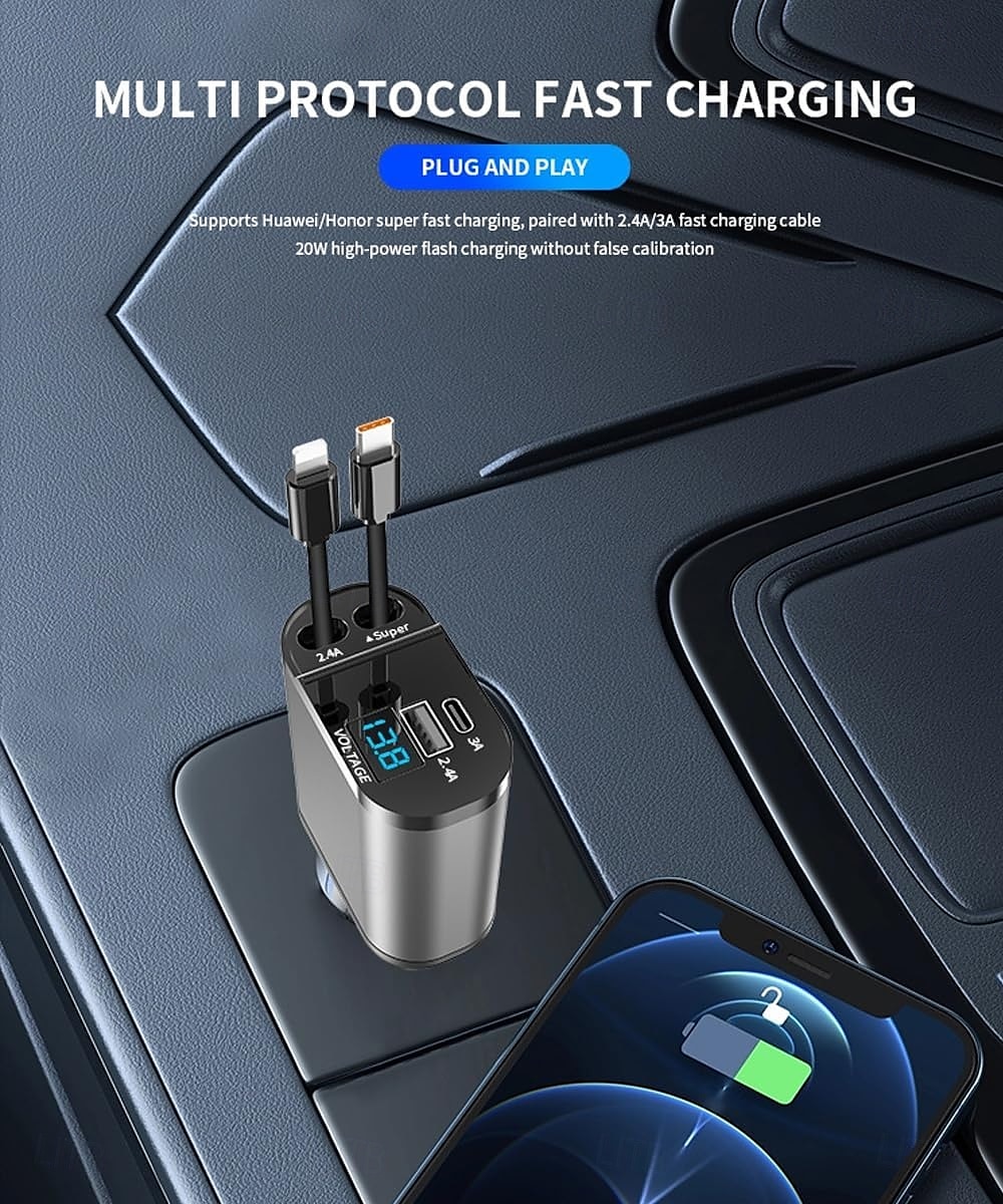încărcător auto retractabil 4 în 1 adaptor încărcător auto rapid pentru telefon cu tip C &cabluri Apple compatibile cu iPhone 16/15/14/13/12/11, Galaxy, Pixel 2025 - $25.99 –P5