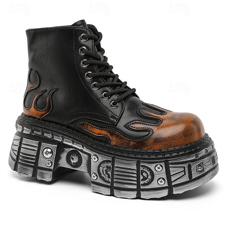 herre gotiske flammende platåstøvler – steampunk ankelstøvletter med grov såle og snøring for punkrockfester og cosplay 2025 - $84.99 –P14