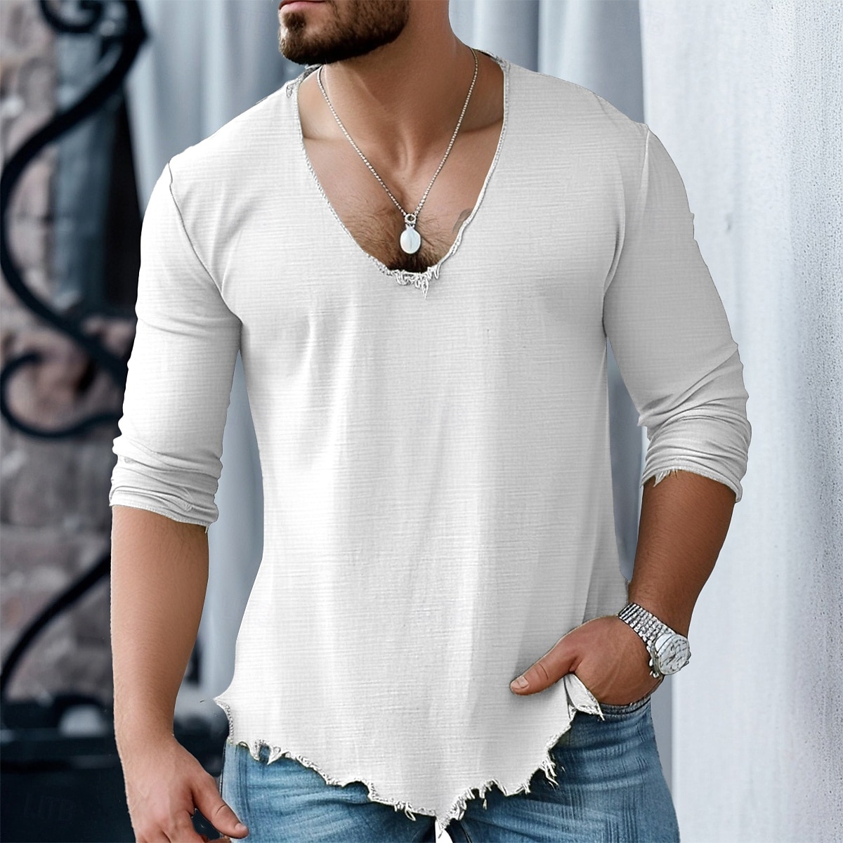 Herren Baumwoll-Leinen-Hemd T-Shirt Langarmshirt Langarm V Ausschnitt Sommer Frühling Einfarbig Täglich Lässig Trendy V-Ausschnitt Outdoor Straße Lässig Weiß Rosa Blau Top T-Shirt für Herren 2025 - $20.99 –P3