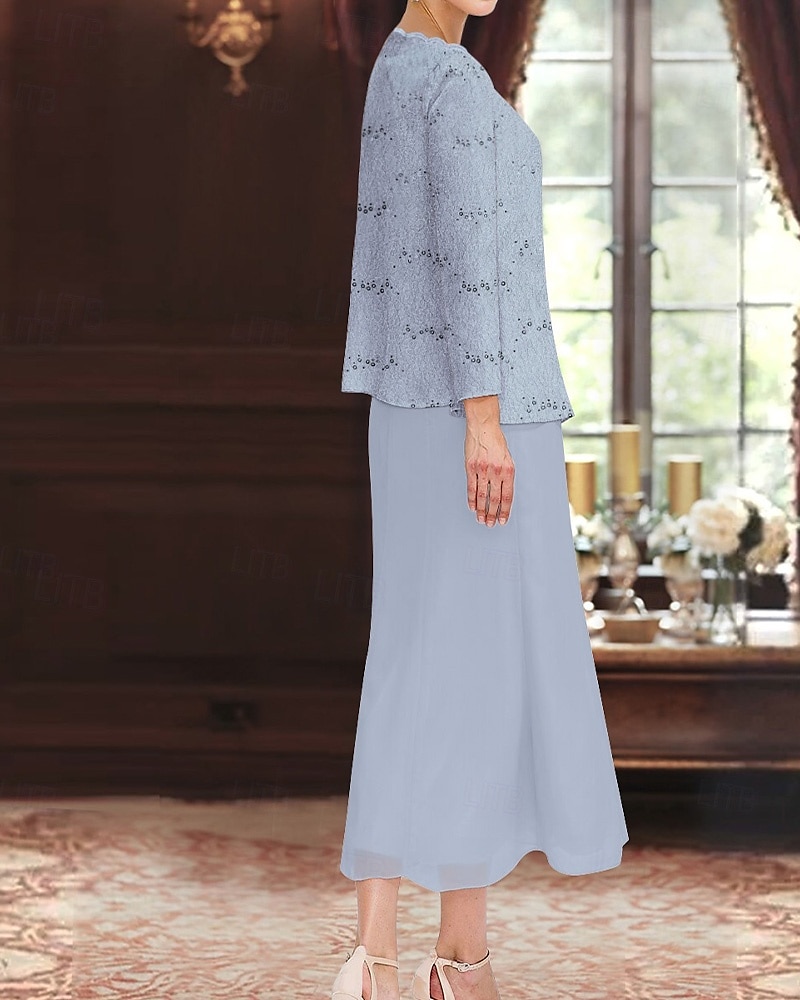 cekinowa koronkowa dwuczęściowa sukienka dla matki panny młodej elegancka prosta luksusowa szyfonowa łódkowata z dekoltem midi długość bez rękawów z długim rękawem żakiet 2025 2025 - $119.99 –P4