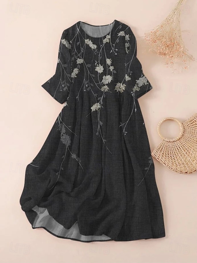 Women's Midi Dress T Shirt Dress Tee Dress A Line Dress Summer Dress Vacation Casual Beach Date Summer Dress Regular Fit Floral Graphic Short Sleeve Crew Neck Dark Brown Black White Light Green 2025 - $26.99 –P4