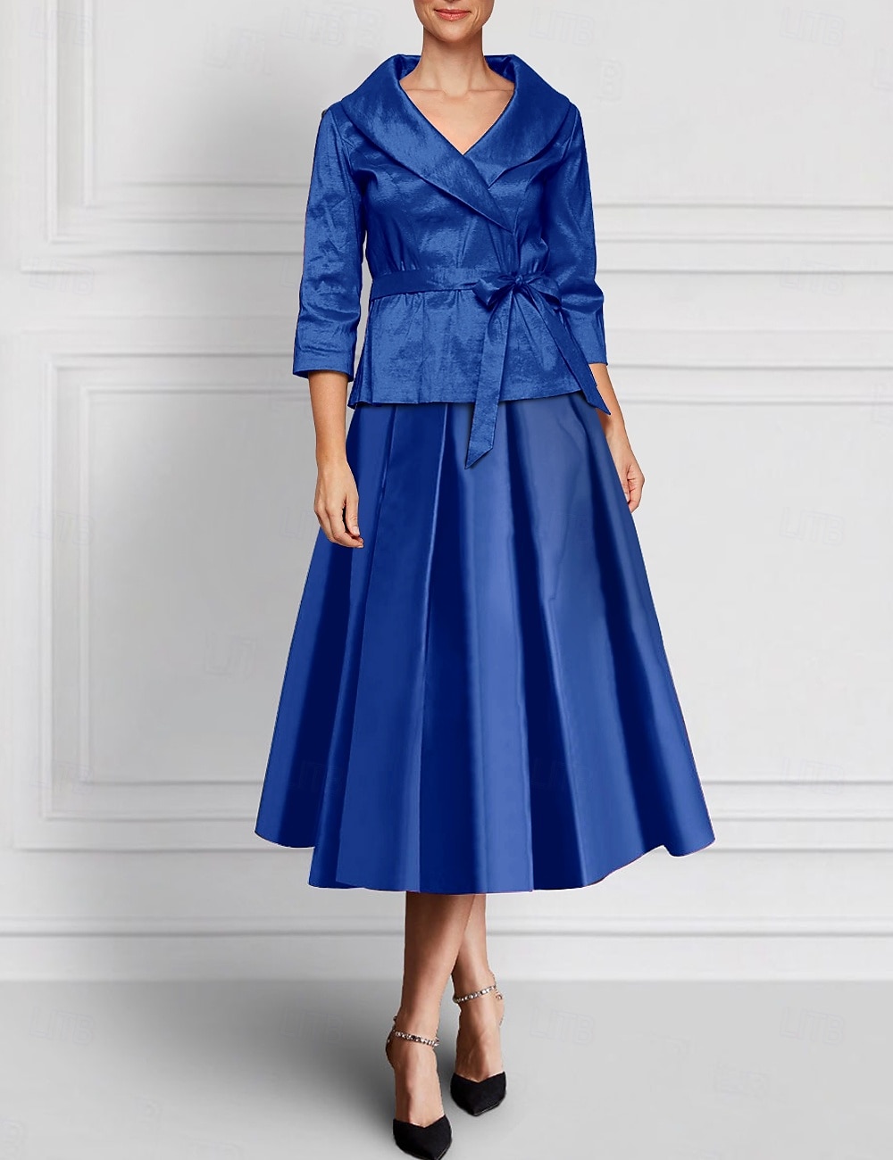 Ensemble de robes trapèze deux pièces, robe de mère de la mariée, élégante, revers, longueur au sol, longueur cheville, tissu extensible en satin, manches longues, bleu, noir, mariage d'automne 2025 de 2025 ? $139.99 –P1