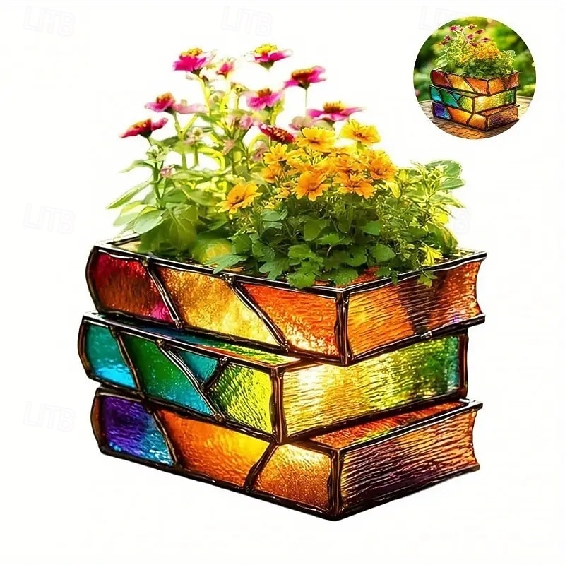 halmozott könyves virágcserép 3/4 rétegű könyvespolc virágtartó gyantából készült könyv alakú vázák beltéri és kültéri dekorációhoz ideális ajándék könyvbarátoknak, íróknak, tanároknak 2026 - $36.99 –P10