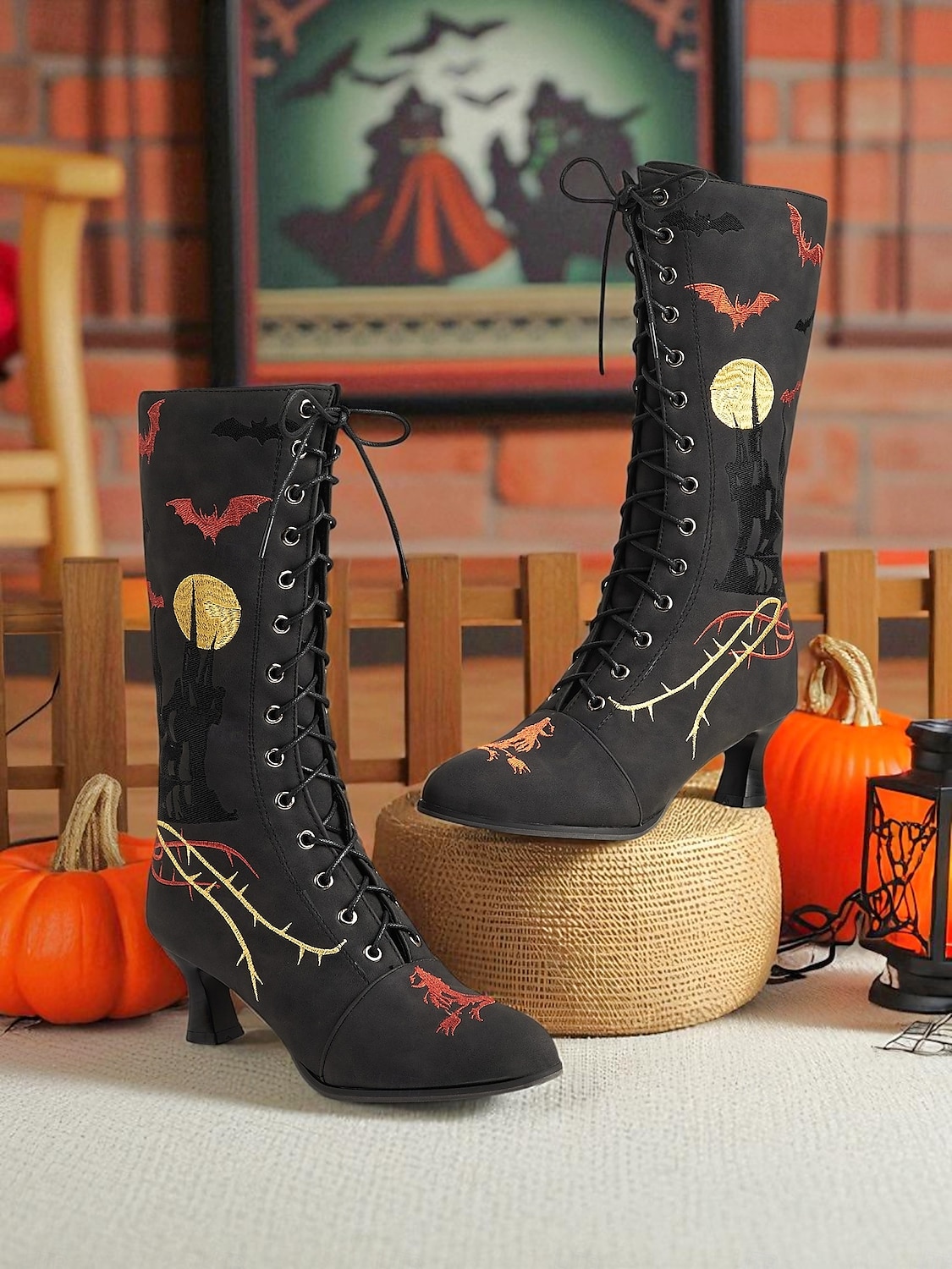 Dámské gotické halloweenské vyšívané šněrovací boty - vintage styl černého kostýmu čarodějnice z roku 1900, podpatky do půli lýtek pro cosplay, večírky a tematické akce 2025 - $59.99 –P2