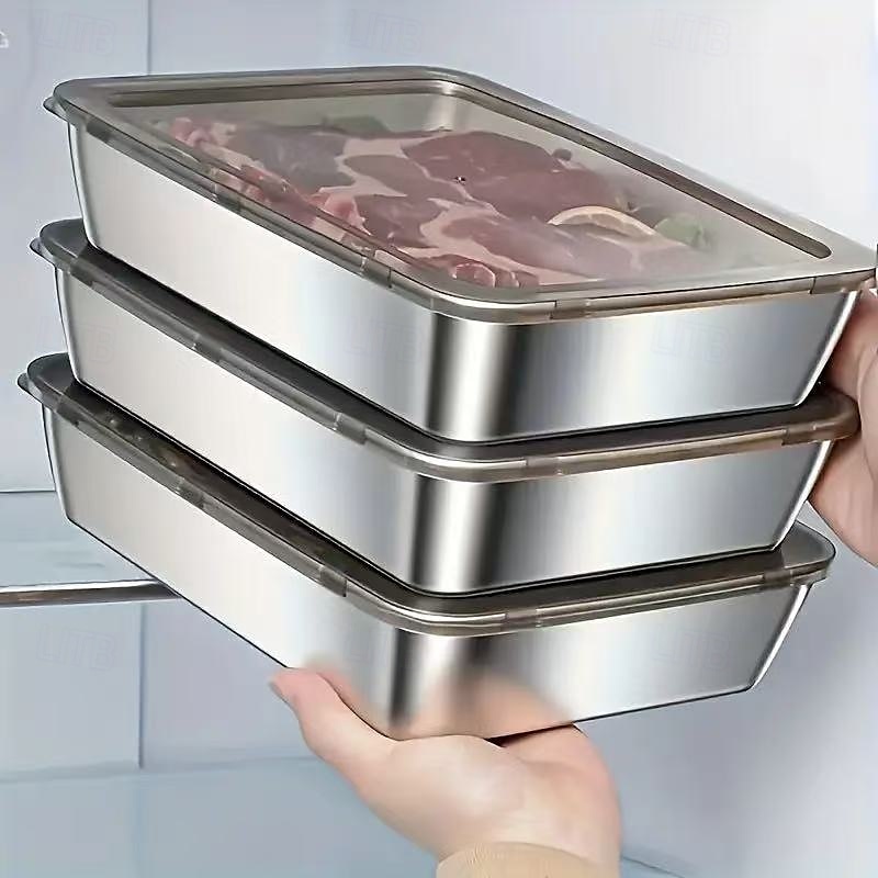 3 stk. sett med oppbevaringsbeholdere i rustfritt stål for mat, BPA-fri, gjenbrukbar, enkel å rengjøre, stabelbar design for frukt, kjøtt, grønnsaker, kjøleskap og spiskammersoppbevaring 2025 - $15.49 –P1