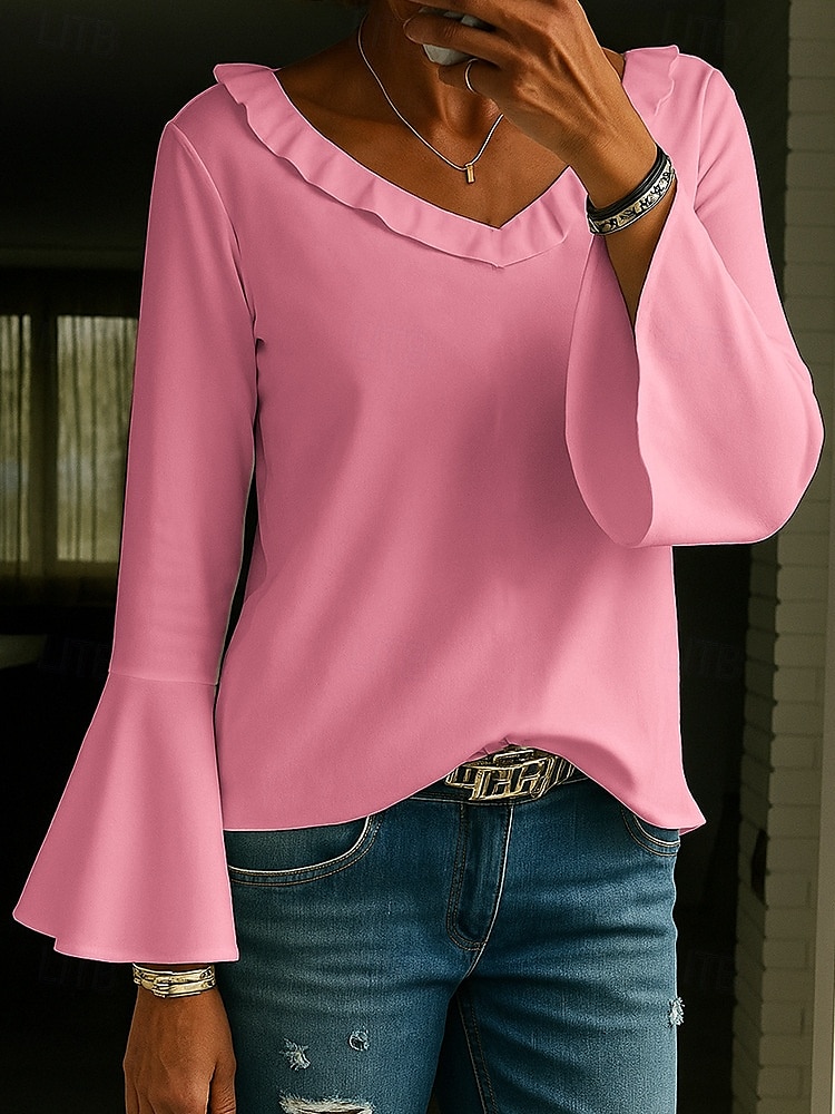 Women's Tunic Solid Color Elegant Vintage Stylish Long Sleeve V Neck Regular Tops Daily White Yellow Pink Green Spring Fall 2025 - $25.99 –P4